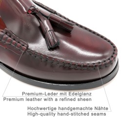 Detailaufnahme Mokassin-Naht und Lederqualität am bordeauxroten Business Slipper mit Ledersohle