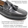 Close-up of the hand-stitched men's black leather business shoes, loafers, Latino Marttely 302