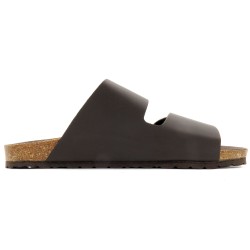 Seitensicht Herren Leder Pantoletten mit Korksohle zwei-riemen Hausschuhe braun 8021 Casual