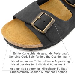 Detailaufnahme schwarzer Herren Pantoletten aus Premium Nubukleder mit hochwertiger spanischer Verarbeitung