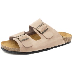 Beige Komfort Pantoletten Herren aus Premium Nubukleder mit anatomischem Fußbett und Korksohle