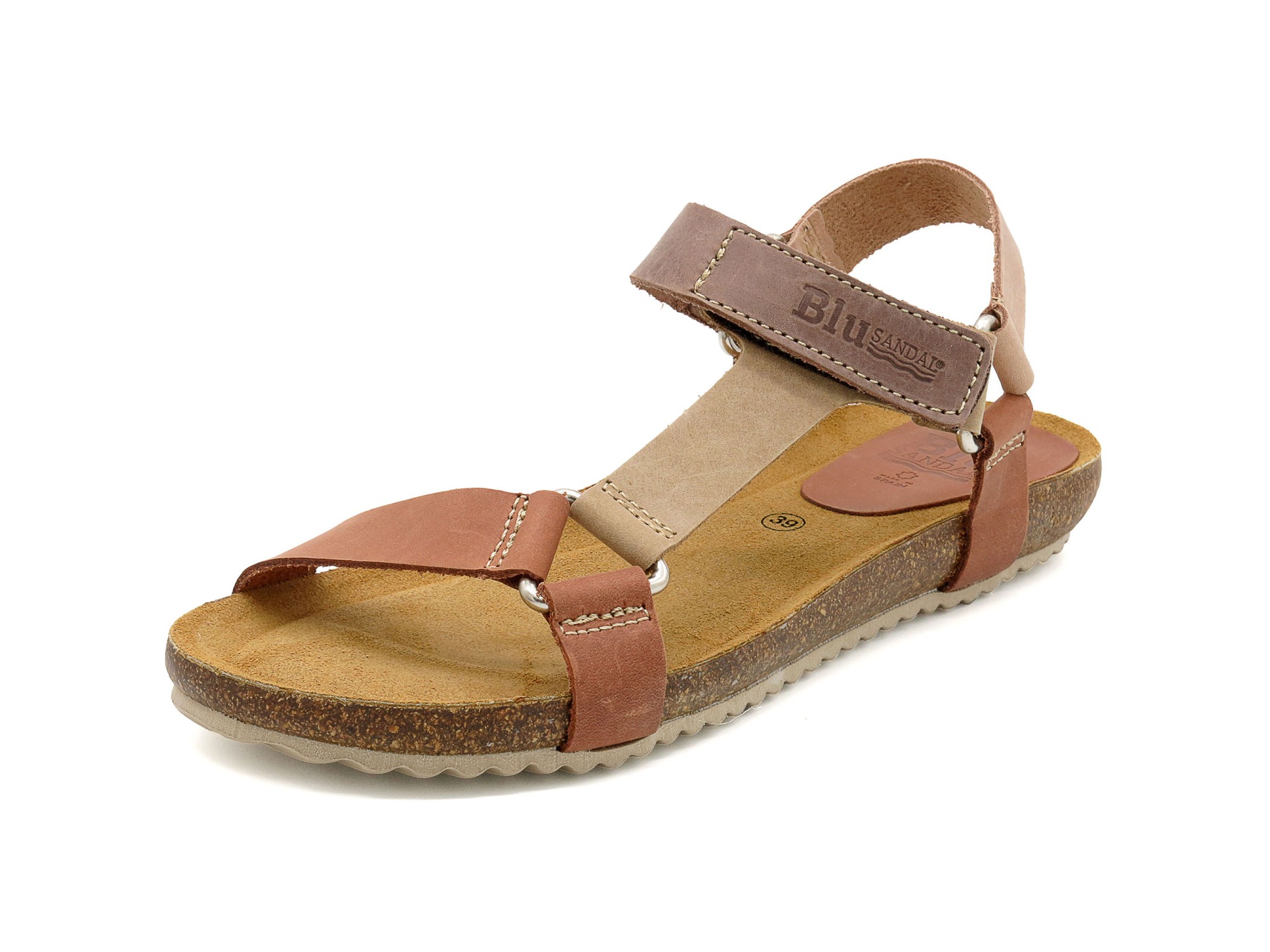 Damen Leder Sandalen Braun mit Gel-Fußbett Korksohle und Klettverschluss