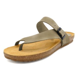 Women's leather sandals khaki with anatomical cork footbed and adjustable buckle made in Spain