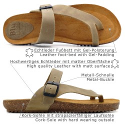 Khaki leather comfort sandals for women with anatomical cork footbed and adjustable strap