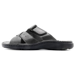 Black men's comfort sandals featuring a gel footbed, Velcro fastening, soft leather, and a flexible sole