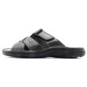 Black men's comfort sandals featuring a gel footbed, Velcro fastening, soft leather, and a flexible sole