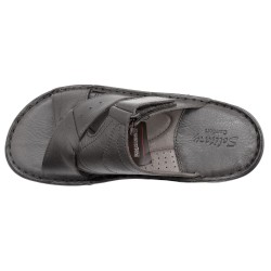 Top view of black men's leather sandals with wide leather straps and soft-padded gel footbed