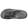 Top view of black men's leather sandals with wide leather straps and soft-padded gel footbed