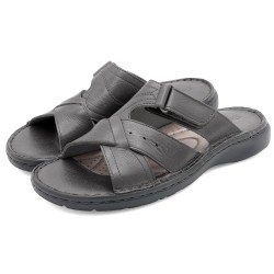 Men's Black Leather Sandals with Gel Cushioned Footbed – Adjustable Comfort Sandals Made in Portugal