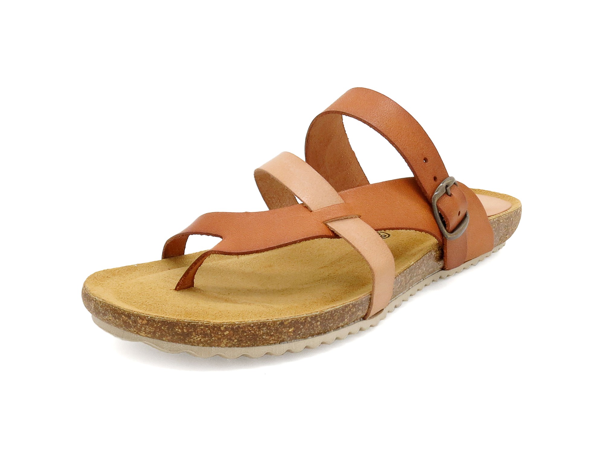 Women's brown leather cork sandals with anatomical footbed made in Spain