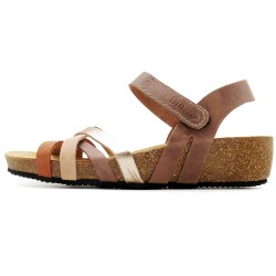 Women's strap sandals in multi-brown with cork wedge heel and gold accent