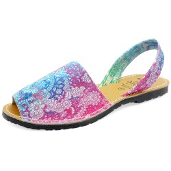 Avarca Menorquina Damen Sandalen aus Leder mit buntem Blumenmuster, handgefertigt in Spanien